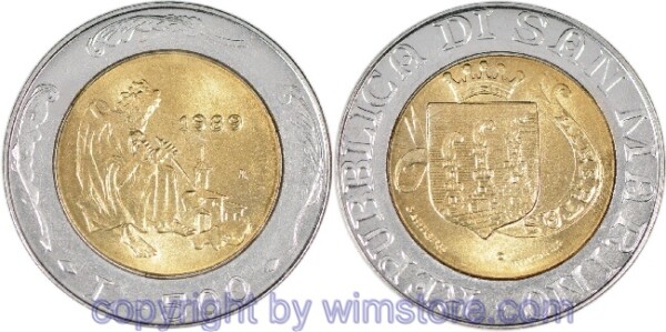 San Marino, 500 Lire 1989, Hl. Marinus mit Kirchenmodell, KM 239 Bi-Metall