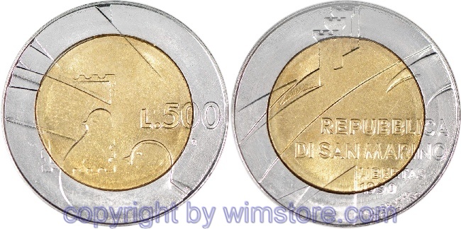 s7328 San Marino, 500 Lire 1990, 1690 Jahre Republik San Marino, KM 256 Bi-Metall