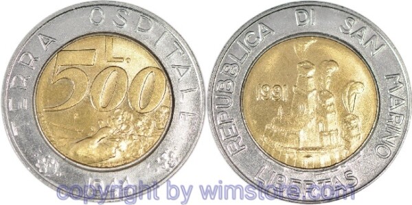 San Marino, 500 Lire 1991, Aufnahme von italienischen Flüchtlingen, KM 269, Bi-Metall