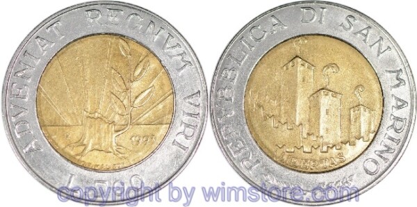 San Marino, 500 Lire 1993, Baumstumpf, KM 301, Bi-Metall