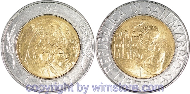 s7332 San Marino, 500 Lire 1994, Felicissima, Herrin des Monte Titano, KM 314, Bi-Metall