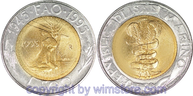 s7333 San Marino, 500 Lire 1995, Kampf dem Hunger, KM 330, Bi-Metall