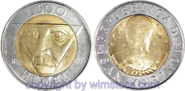 San Marino, 500 Lire 1996, Georg Wilhelm Friedrich Hegl, KM 357, Bi-Metall