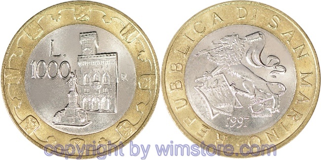 San Marino, 1000 Lire 1997, Palazzo Publico und Freiheitstatue, KM 368, Bi-Metall