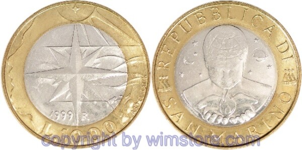 San Marino, 1000 Lire 1999, Nordstern, KM 395, Bi-Metall
