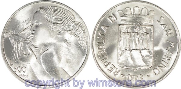 San Marino, 500 Lire 1973, Mädchen mit Taube, KM 29, Silber, st