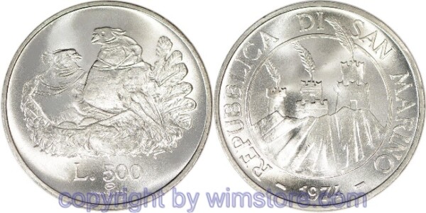 San Marino, 500 Lire 1974, Vögel, KM 37, Silber, st