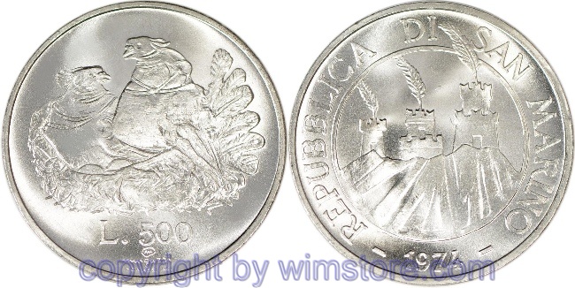 s7346 San Marino, 500 Lire 1974, Vögel, KM 37, Silber, st