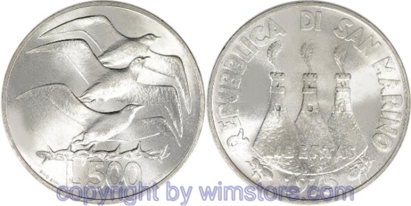 San Marino, 500 Lire 1975, Möwen, KM 47, Silber, st