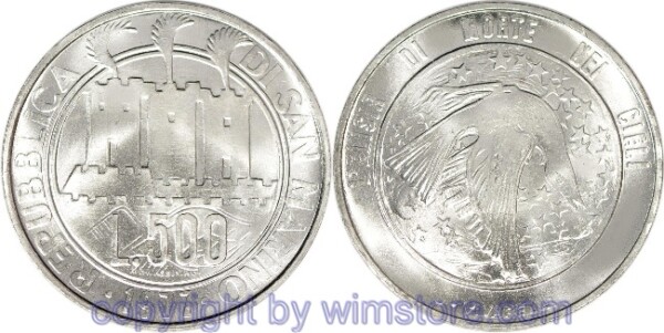 San Marino, 500 Lire 1977, Toter Vogel und Sterne, KM 71, Silber, st