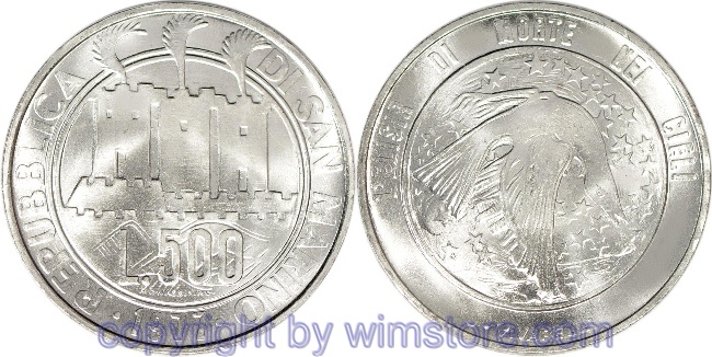 s7351 San Marino, 500 Lire 1977, Toter Vogel und Sterne, KM 71, Silber, st