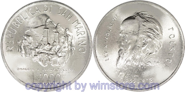 San Marino, 1000 Lire 1978, Tolstoj, KM 85, Silber, st