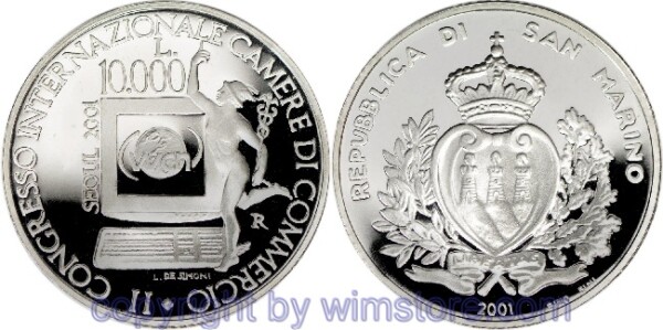 San Marino, 10000 Lire 2001, Merkur am Monitor, KM 438, Silber, PP, Kapsel