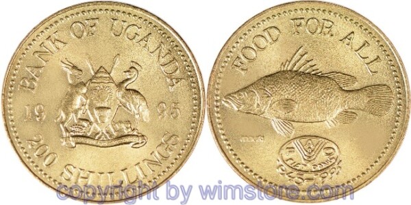 Uganda, 200 Shillings 1995, 50 Jahre FAO, Buntbarsch, KM 148, Alu/Bro, st
