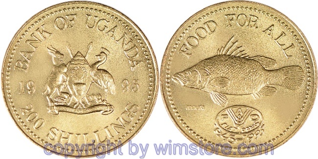 Uganda, 200 Shillings 1995, 50 Jahre FAO, Buntbarsch, KM 148, Alu/Bro, st