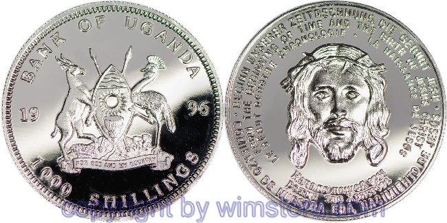 Uganda, 1000 Shillings 1996, Weihnachten, Jesus Christus, KM 74, Ku/Ni, PP, Kapsel