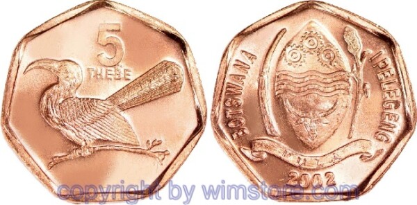 Botswana, 5 Thebe 1998 - 2009, KM 26, Eisen verkupfert