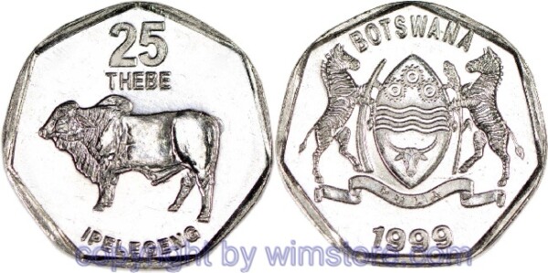 Botswana, 25 Thebe 1998, 1999, 2007, 2009, KM 28, Eisen vernickelt