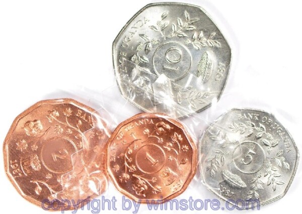 Uganda Lot: 1, 2, 5 und Shillings 1987, KM 27-30, st