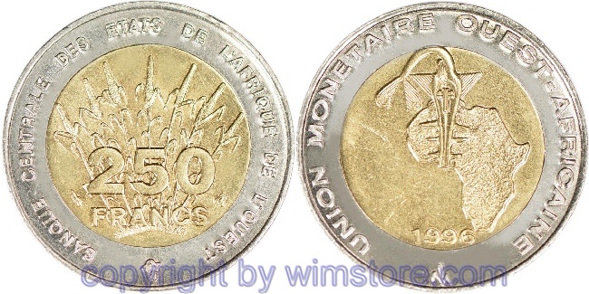 Westafrikanische Staaten, 250 Francs 1992, 1993, 1996, KM 13, Bi-Metall