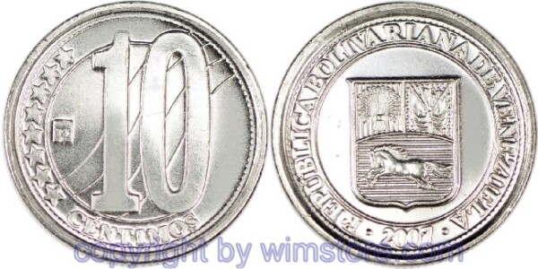 Venezuela, 10 Centimos 2007, 2009, Y 89, Eisen verkupfert