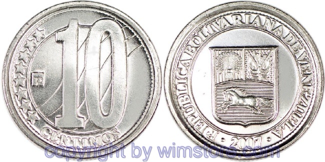 Venezuela, 10 Centimos 2007, 2009, Y 89, Eisen verkupfert