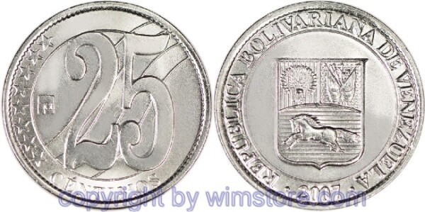 Venezuela, 25 Centimos 2007, 2009, Y 91, Eisen vernickelt