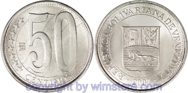 Venezuela, 50 Centimos 2007, 2009, Y 92, Eisen vernickelt