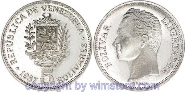 Venezuela, 5 Bolivares 1987, 1988, Y 53.2, Nickel