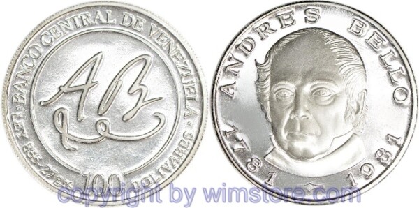 Venezuela, 100 Bolivares 1981, Andrés Bello, Y 77, Silber, PP