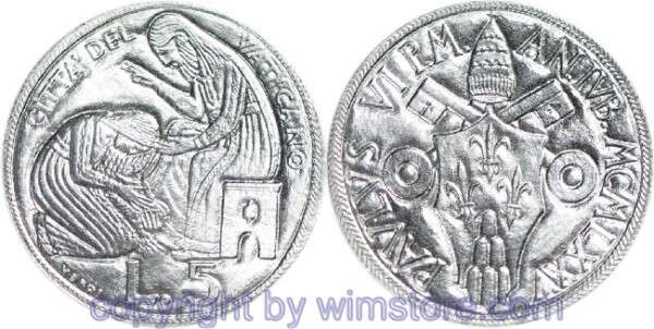 Vatikan, 5 Lire 1975, Jesus und Magdalena, KM 126, Aluminium