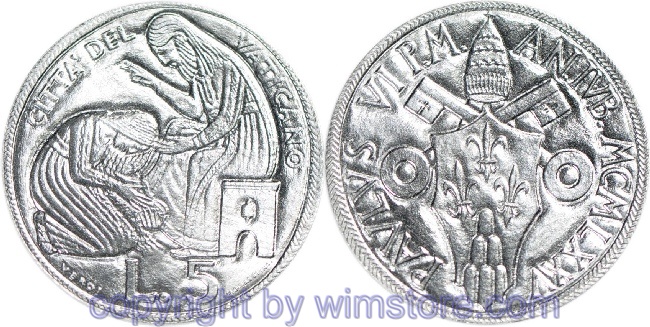 Vatikan, 5 Lire 1975, Jesus und Magdalena, KM 126, Aluminium