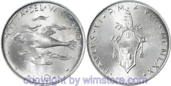 Vatikan, 10 Lire 1970 - 1977, Fisch, KM 119, Aluminium