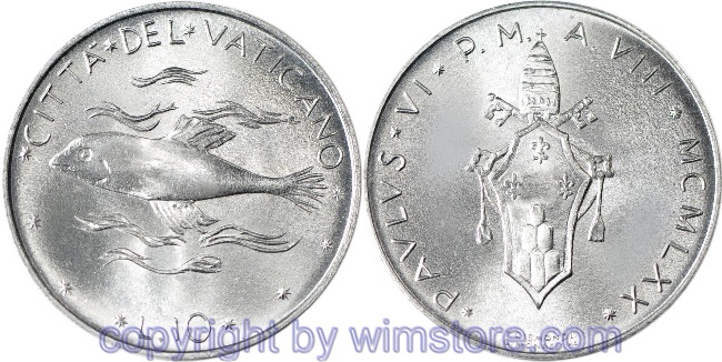 Vatikan, 10 Lire 1970 - 1977, Fisch, KM 119, Aluminium