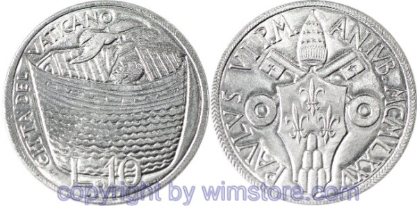 Vatikan, 10 Lire 1975, Arche Noah mit Friedenstaube, KM 127, Aluminium