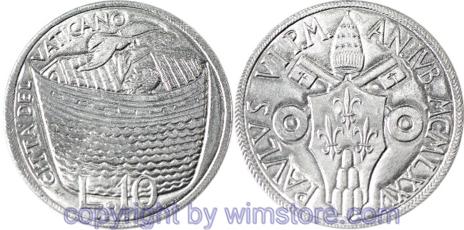 Vatikan, 10 Lire 1975, Arche Noah mit Friedenstaube, KM 127, Aluminium