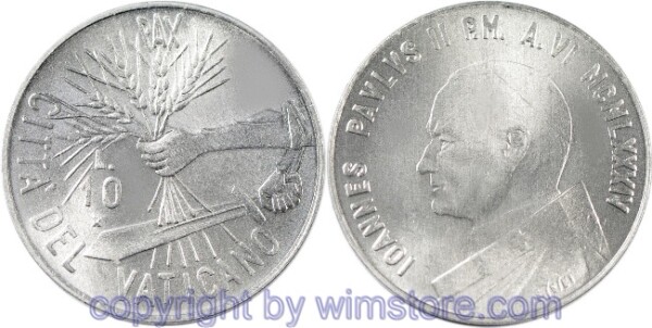 Vatikan, 10 Lire 1984, Hand mit Kornähren über Hand mit Schwert, KM 177, Aluminium