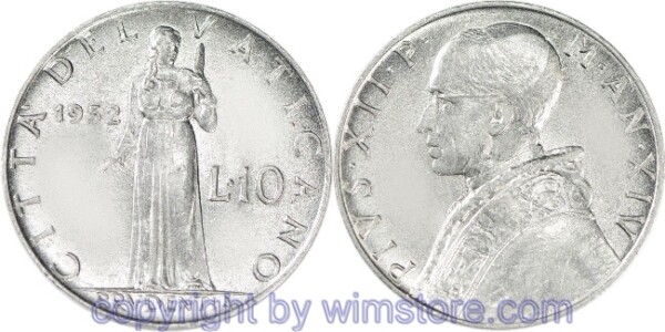 Vatikan, 10 Lire 1951 - 1958, KM 52.1, Aluminium