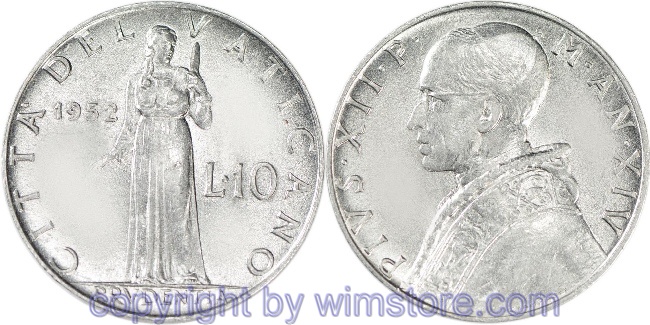 Vatikan, 10 Lire 1951 - 1958, KM 52.1, Aluminium