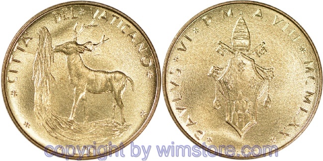 Vatikan, 20 Lire 1970 - 1977, Hirsch, KM 120, Alu/Bro