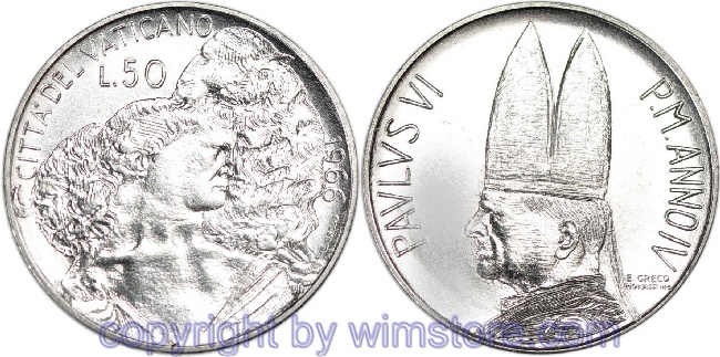 Vatikan, 50 Lire 1966, Hirte mit Lamm auf der Schulter, KM 89, Stahl