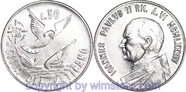 Vatikan, 50 Lire 1984, Tauben am Wasser, KM 179, Stahl