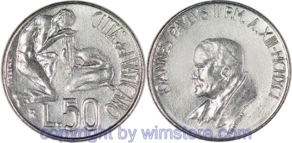 Vatikan, 50 Lire 1991, 2 knieende Personen, KM 230, Stahl