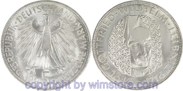 BRD, 5 Mark 1966 D, Gottfried Wilhelm Leibnitz, KM 119.1, Silber
