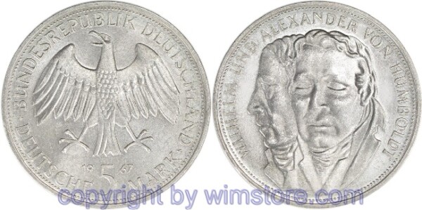 BRD, 5 Mark 1967 F, Wilhelm und Alexander von Humboldt, KM 120.1, Silber