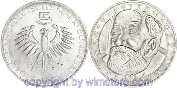 BRD, 5 Mark 1968 D, Max von Pettenkofer, KM 123.1, Silber