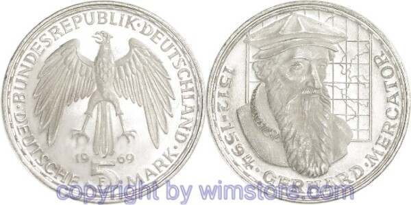 BRD, 5 Mark 1969 F, Gerhard Mercator, KM 126.1, Silber