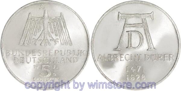 BRD, 5 Mark 1971 D, Albrecht Dürer, KM 129, Silber
