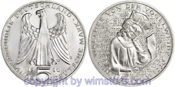 BRD, 5 Mark 1980 D, Walther von der Vogelweide, KM 152, Ku/Ni vernickelt