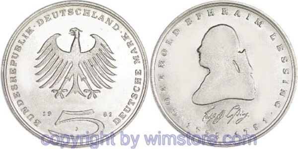 BRD, 5 Mark 1981 J, Gottfried Ephrahim Lessing, KM 154, Ku/Ni vernickelt